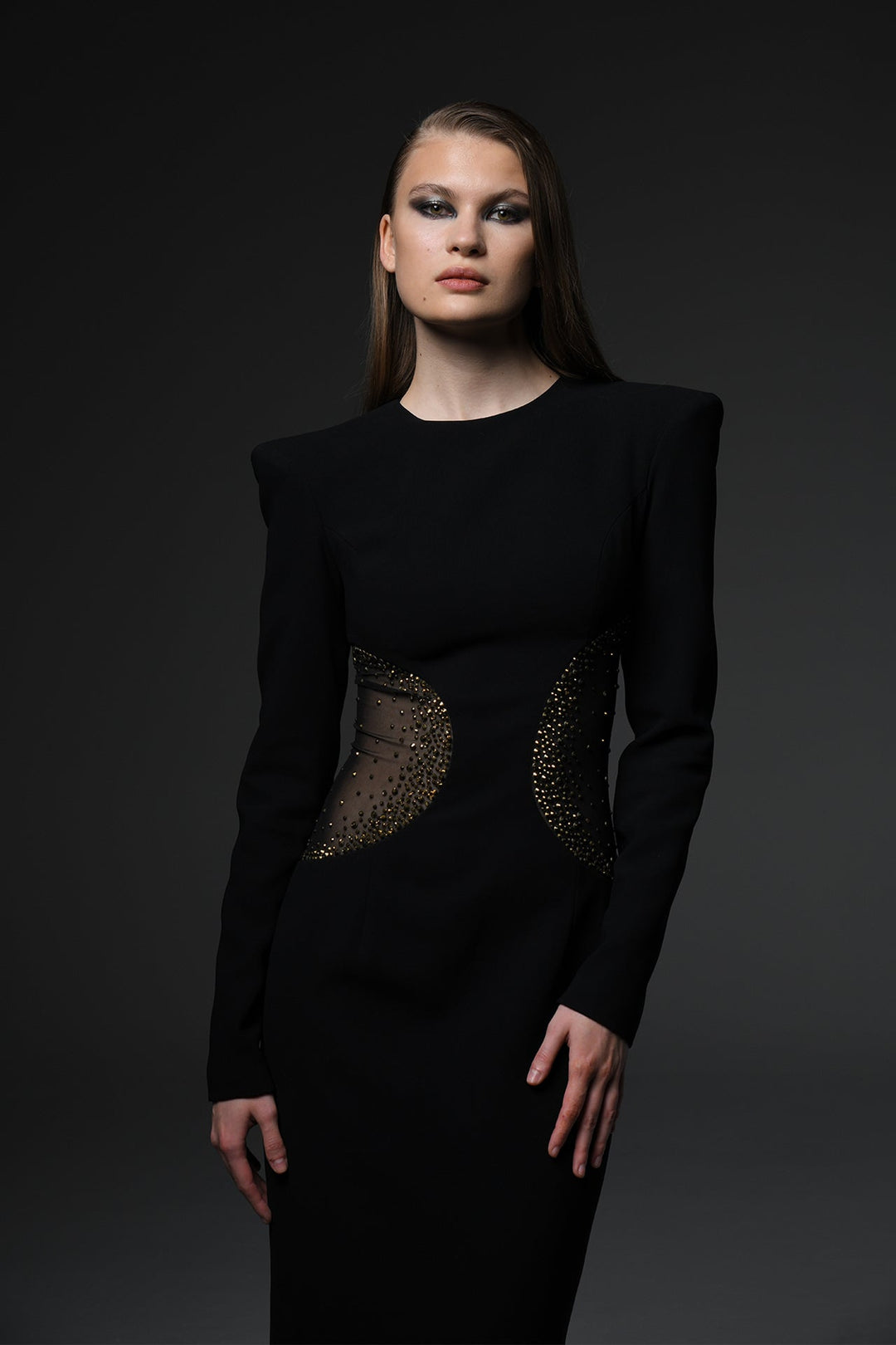 Long-Sleeve Evening Dress with Cutouts