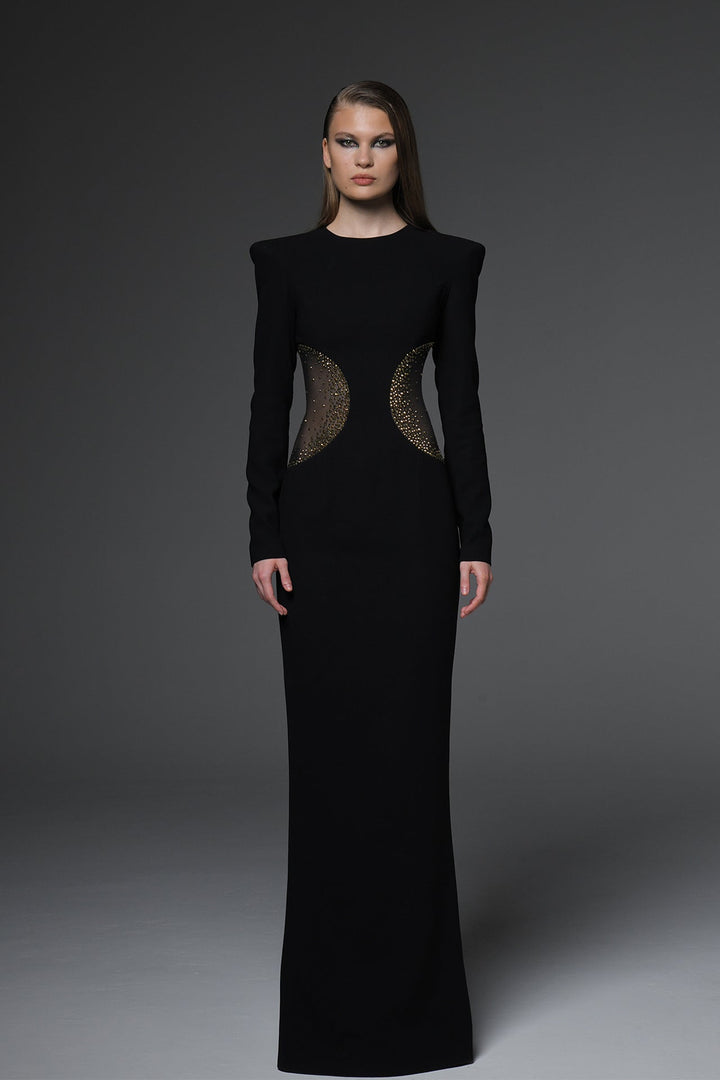 Long-Sleeve Evening Dress with Cutouts