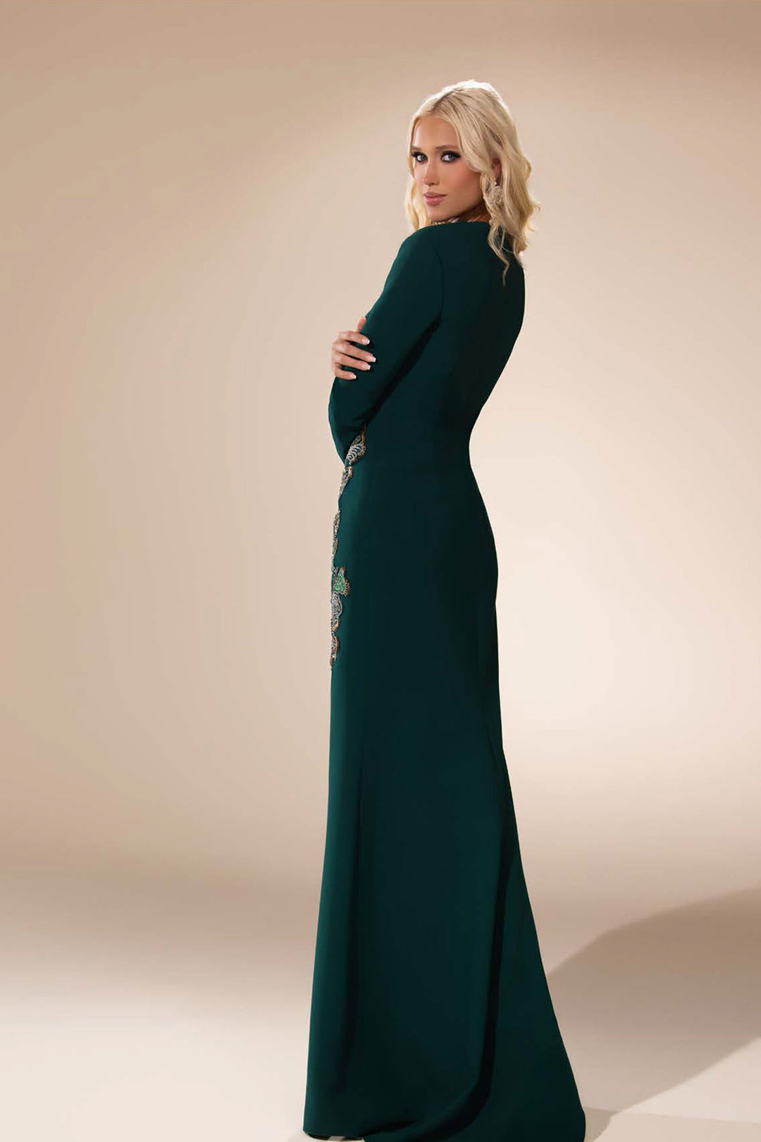 One-Sleeve Crystal-Embellished Column Dress