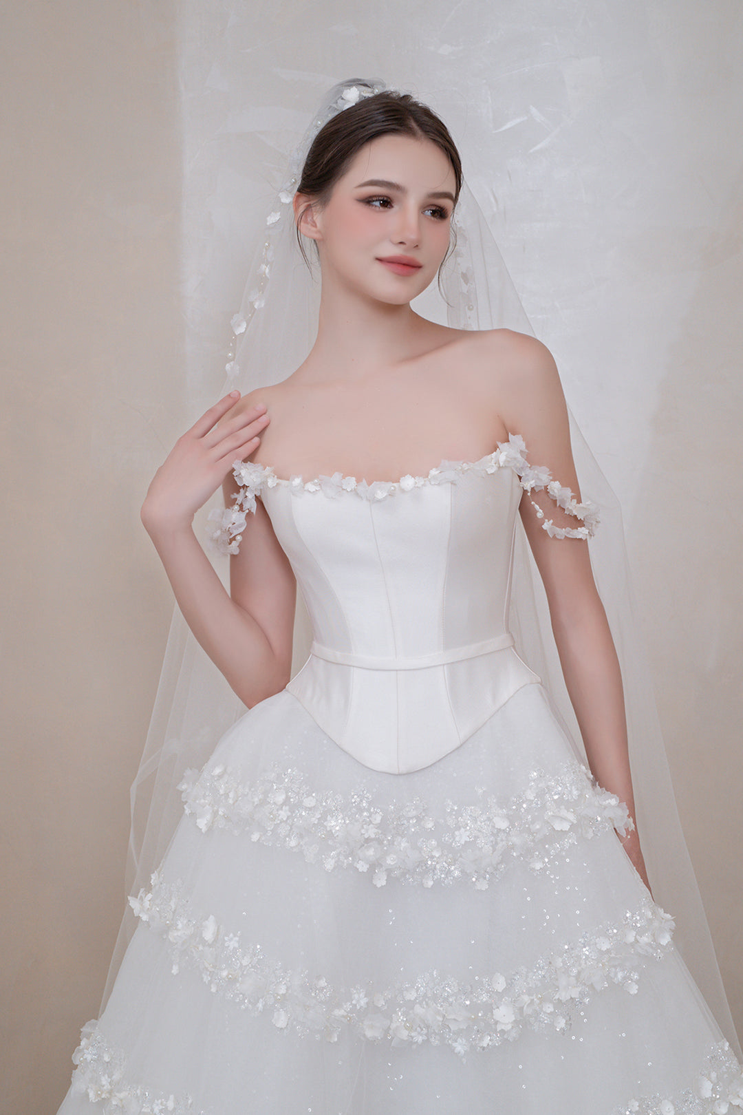 Off‑The-Shoulder Neckline with Floral Bands Dress