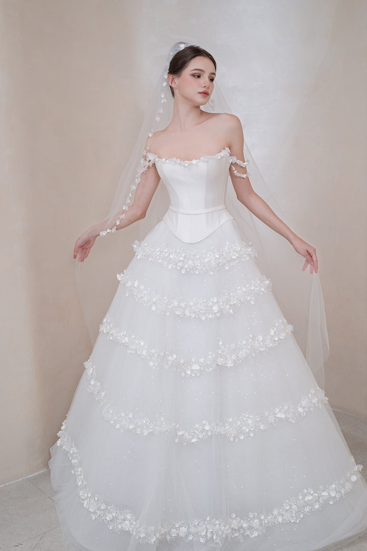 Off‑The-Shoulder Neckline with Floral Bands Dress