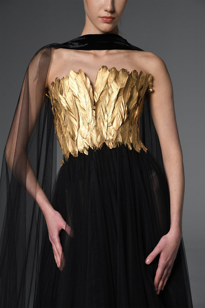 Gold Feathers Bodice Dress with Cape