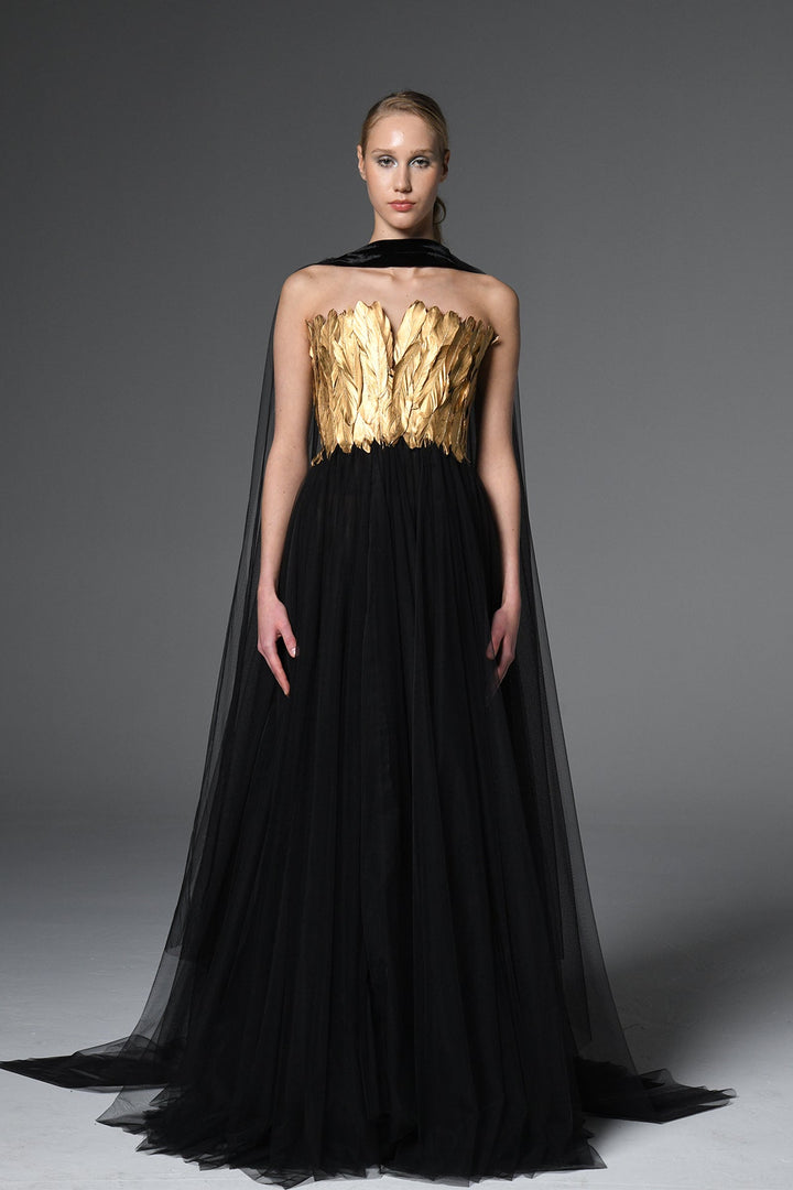 Gold Feathers Bodice Dress with Cape