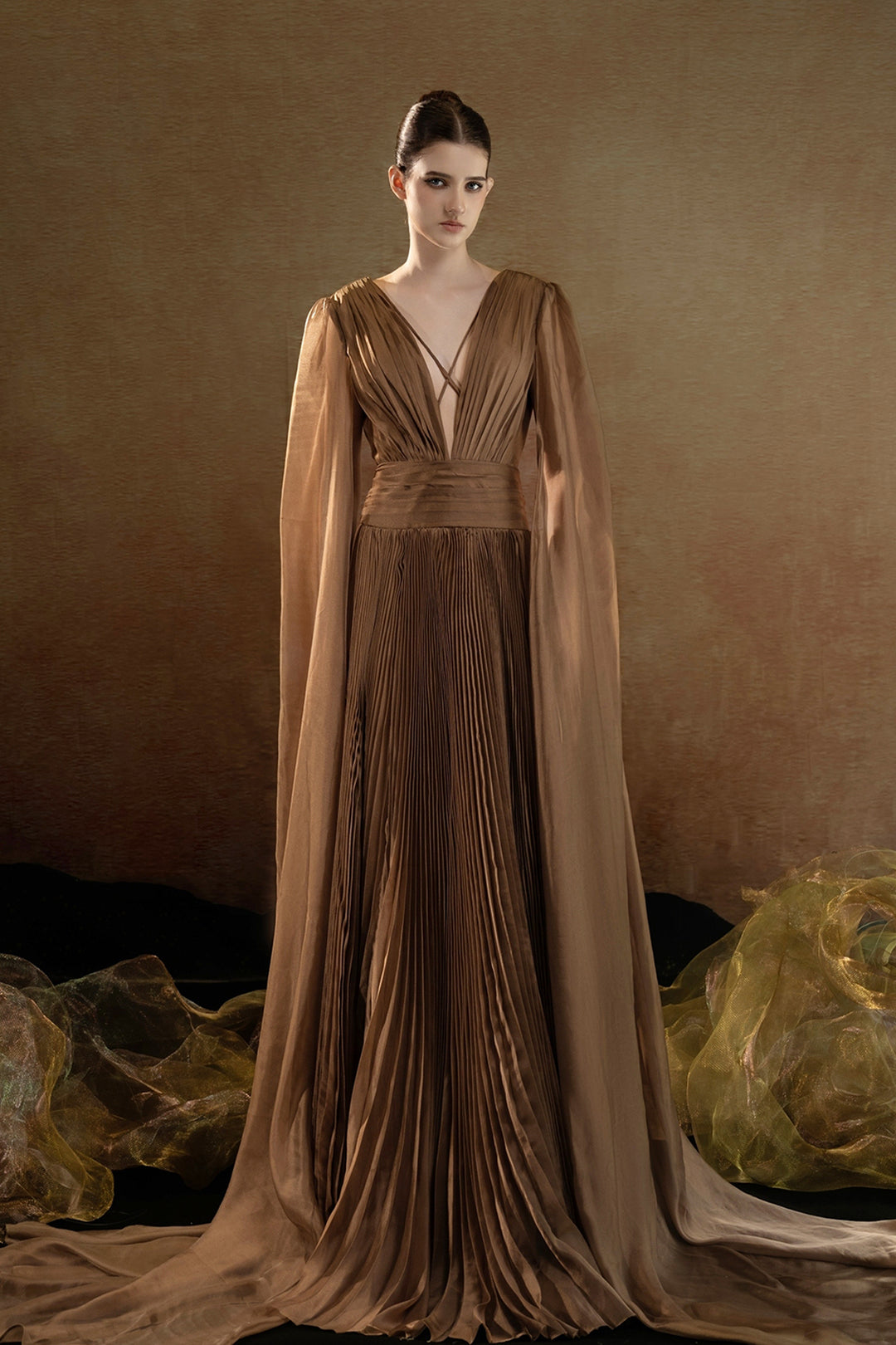 Sheer Cape Overlay A-line Dress Brown / FR 46 Sheer Cape Overlay A-line Dress Brown / FR 46