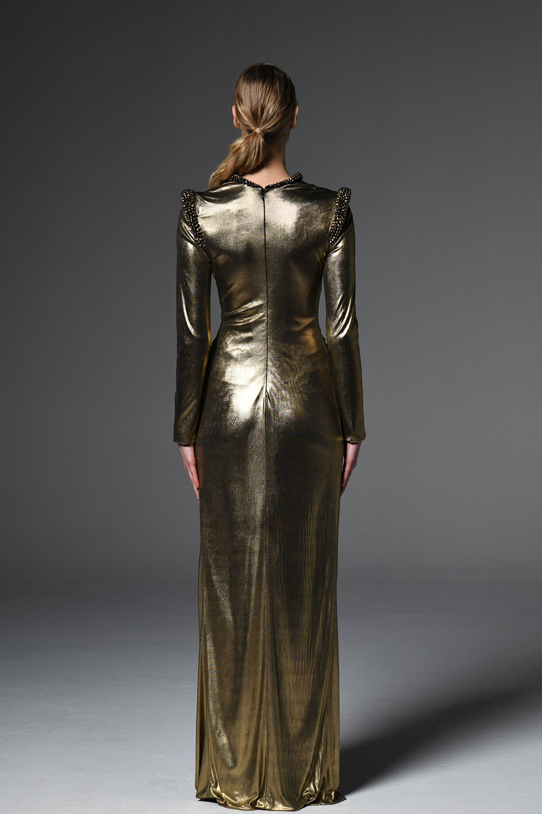 Metallic Long-Sleeve Dress with Embellished Neckline