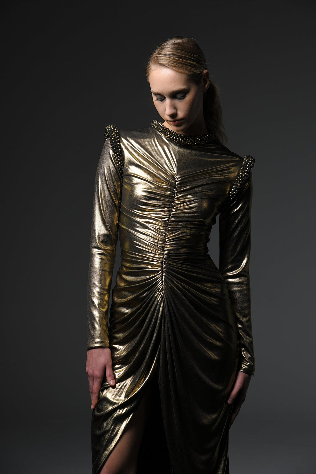 Metallic Long-Sleeve Dress with Embellished Neckline