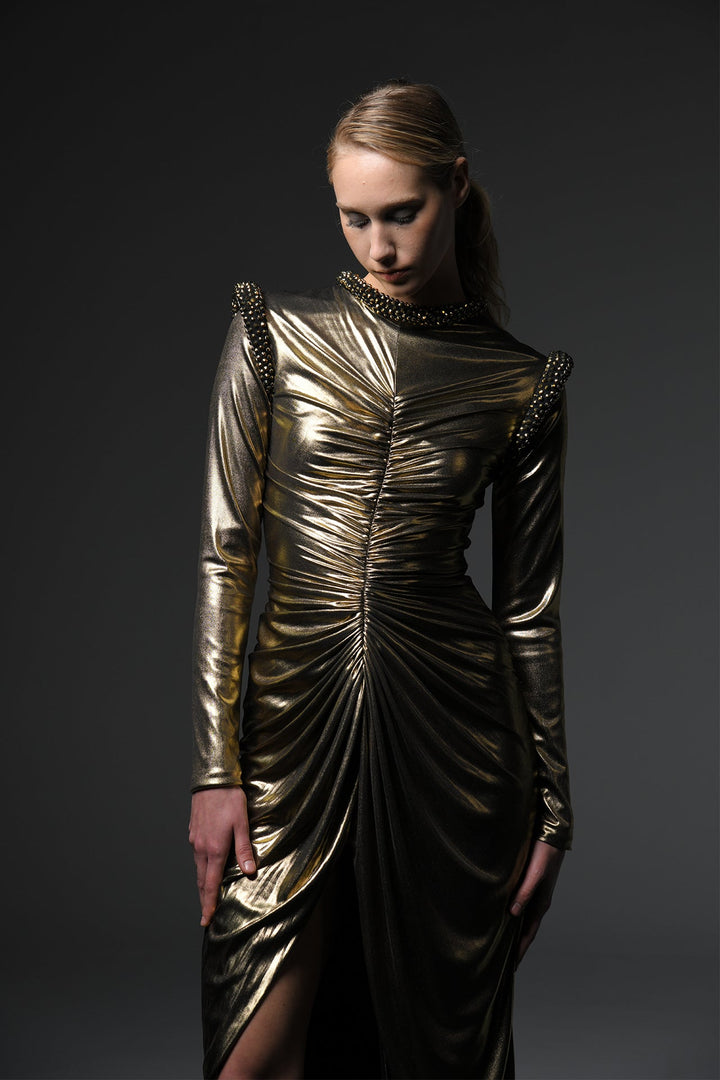 Metallic Long-Sleeve Dress with Embellished Neckline