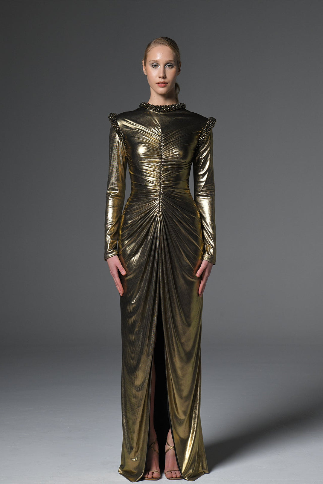 Long Sleeve Long Gold Metallic Dress Shimmery Jersey Dress With Crystal Embellishments Gold US 16 Long Sleeve Long Gold Metallic Dress Shimmery Jersey Dress With Crystal Embellishments Gold US 16