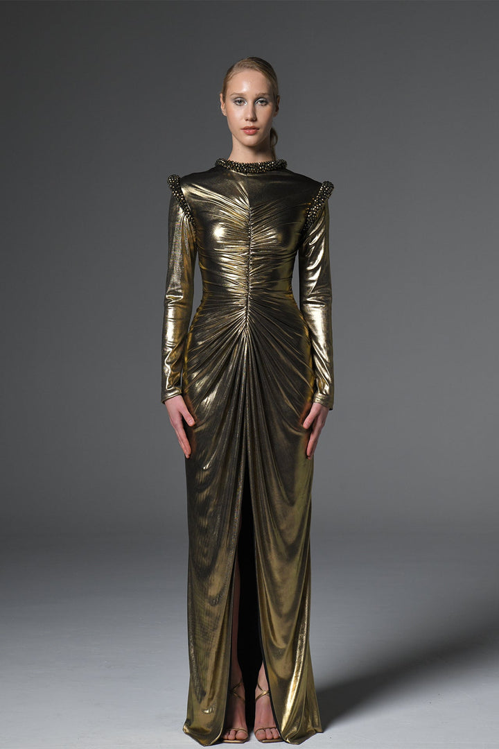 Metallic Long-Sleeve Dress with Embellished Neckline