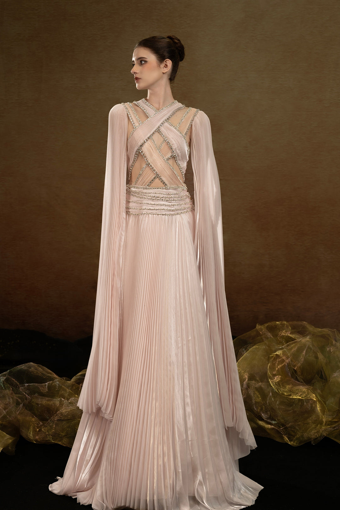 Pleated Gown with Geometric Crystal Bodice Pink / US 12 Pleated Gown with Geometric Crystal Bodice Pink / US 12