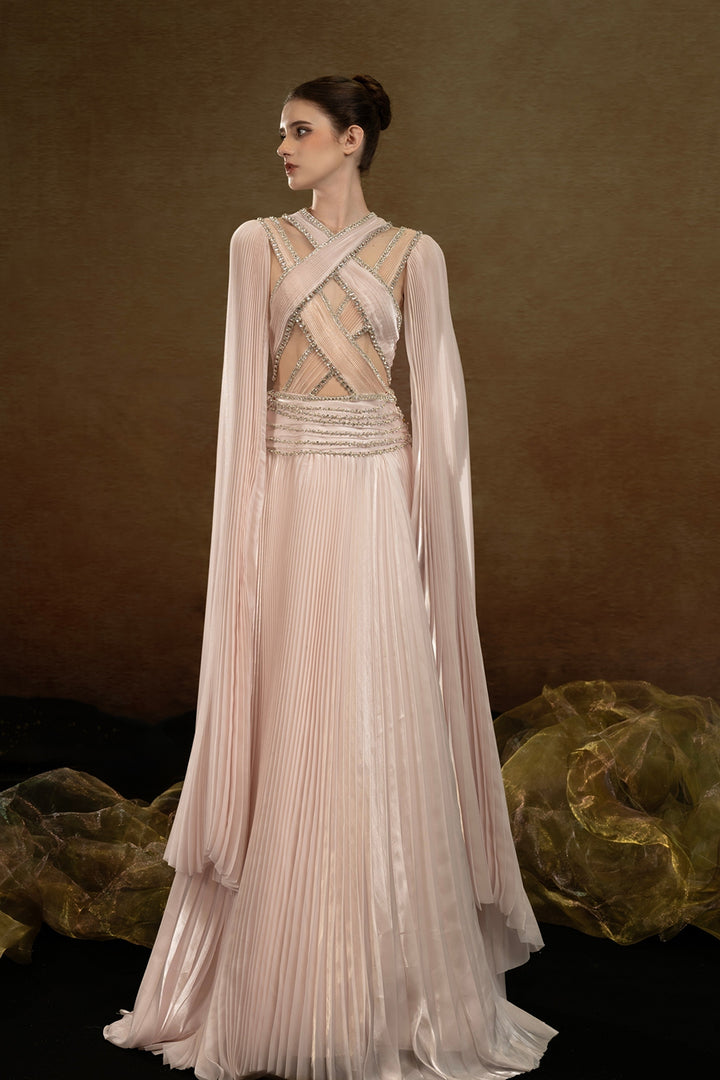 Off-The-Shoulder Cape A-line Dress with Pleats