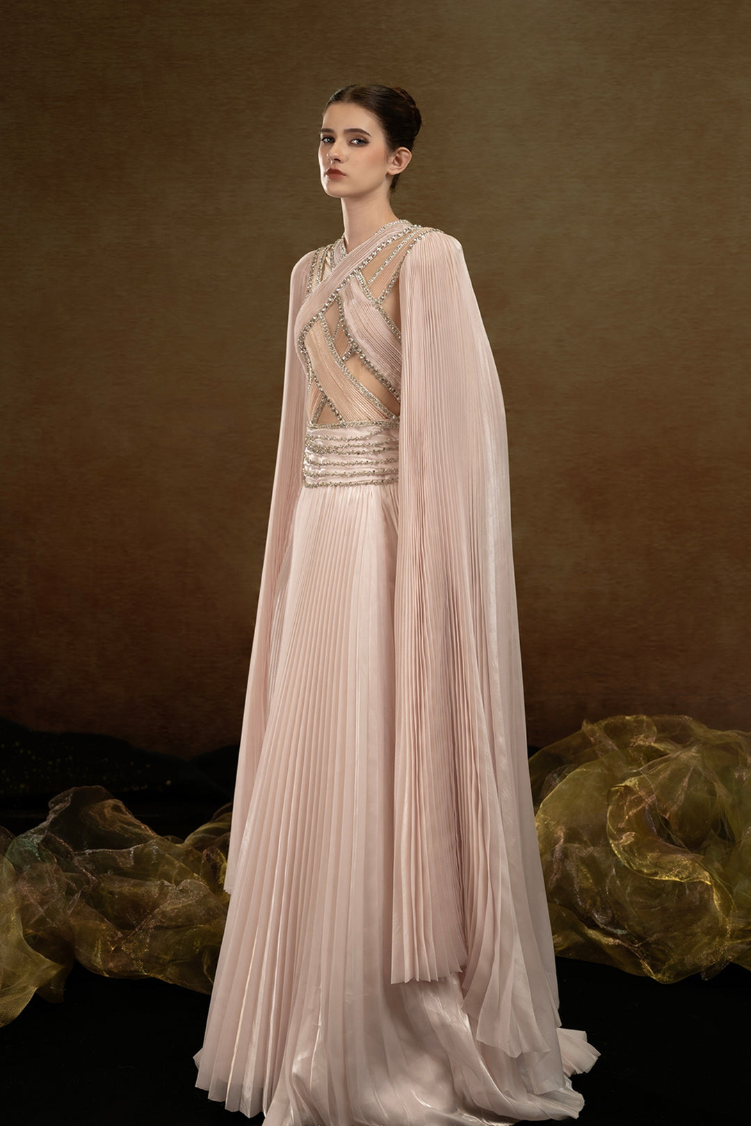 Off-The-Shoulder Cape A-line Dress with Pleats