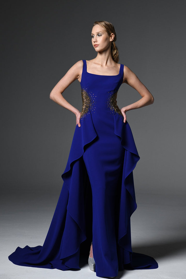 Square Neck Embellished Gown with Cascading Panels