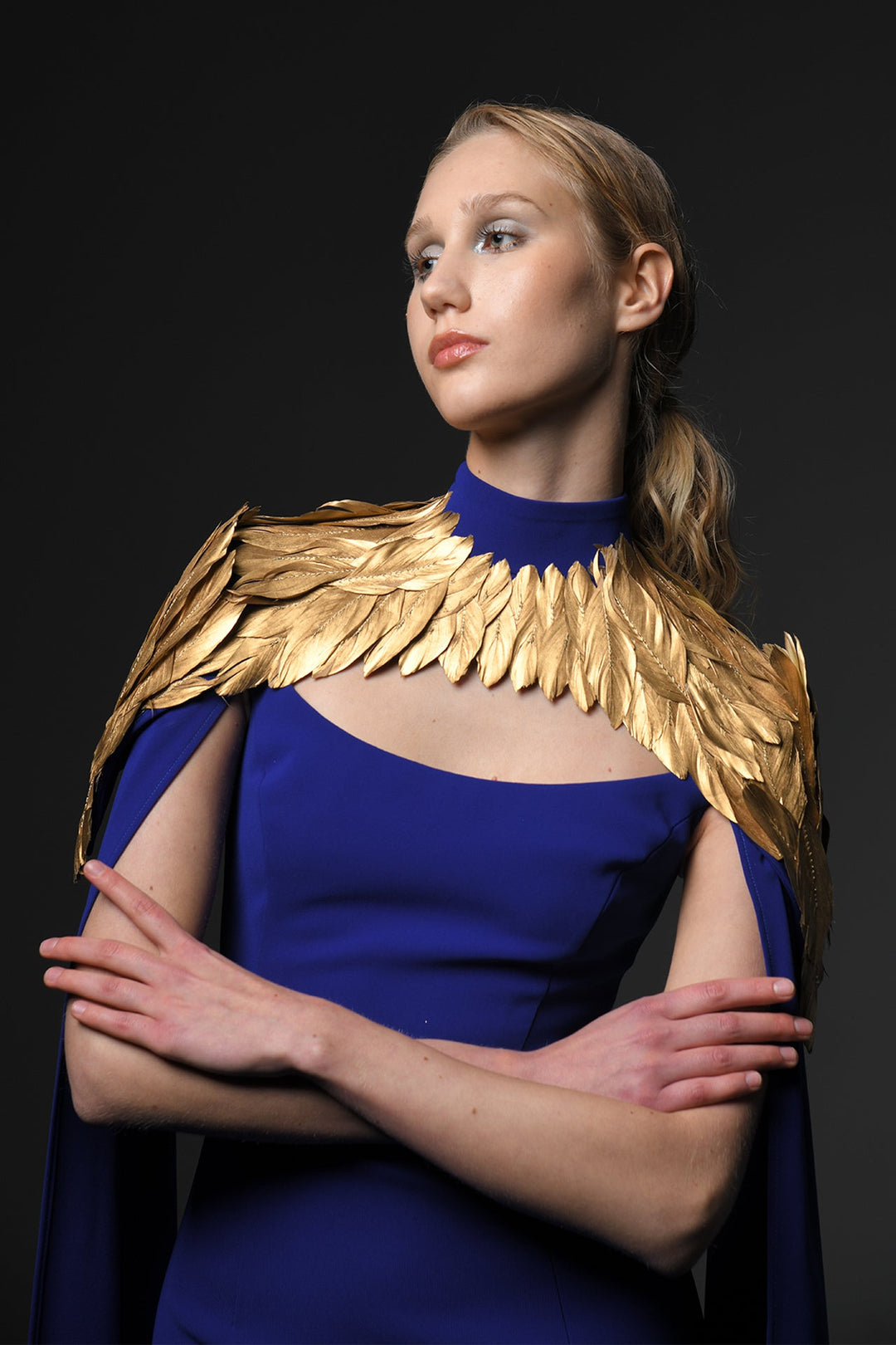 Cape sleeves crepe dress with feathers Blue / US 12 Cape sleeves crepe dress with feathers Blue / US 12