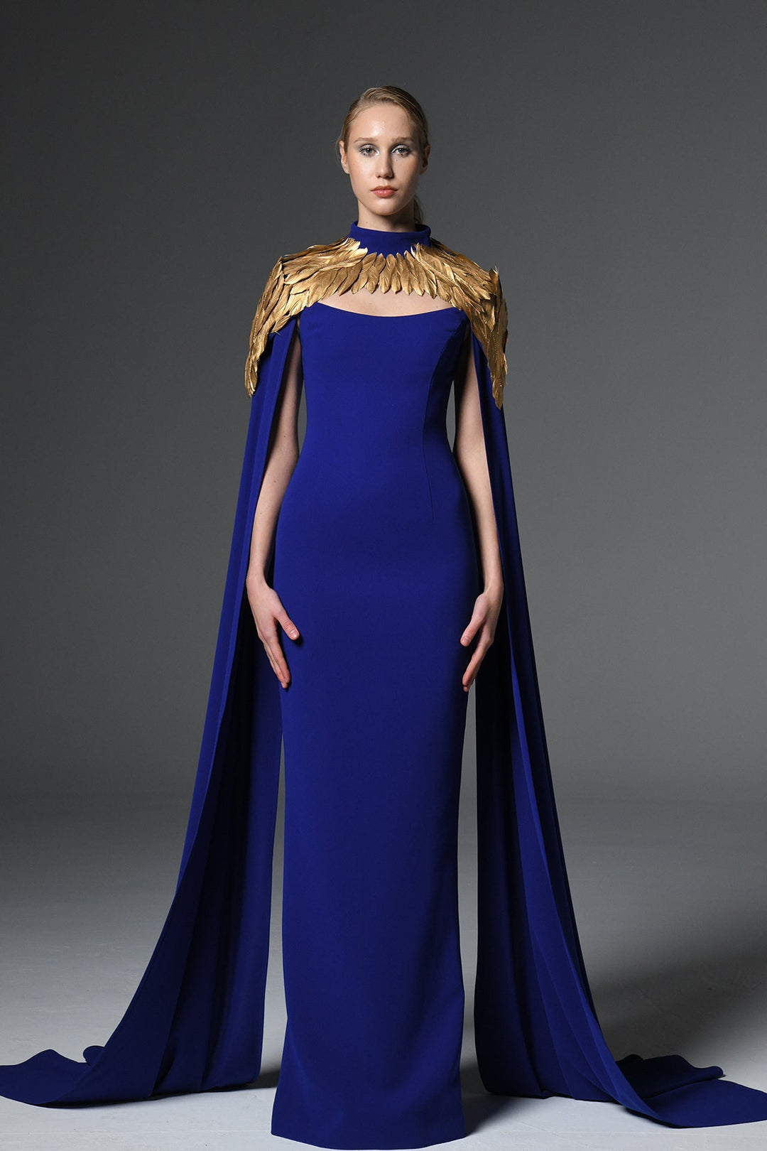 Cape sleeves crepe dress with feathers Blue / US 12 Cape sleeves crepe dress with feathers Blue / US 12
