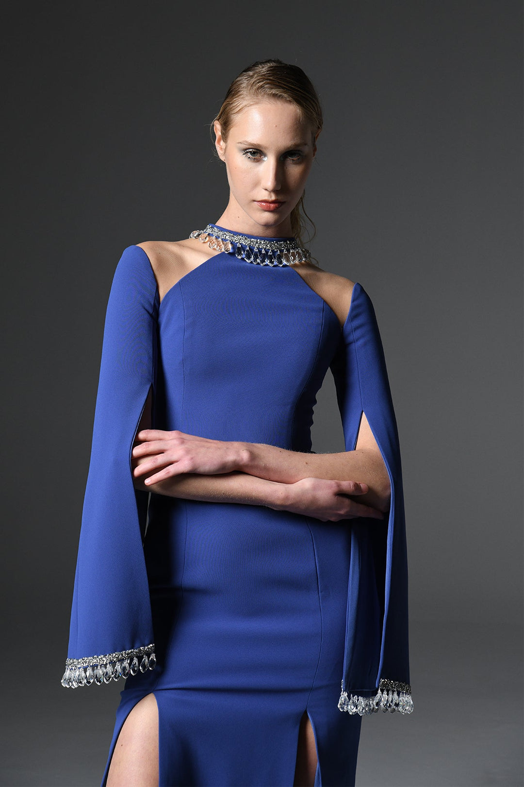 Split-Sleeve Dress with Crystal Neckline