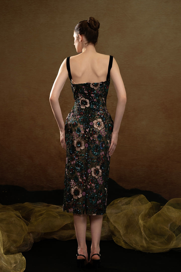 Hand-Embroidered Floral Midi Dress