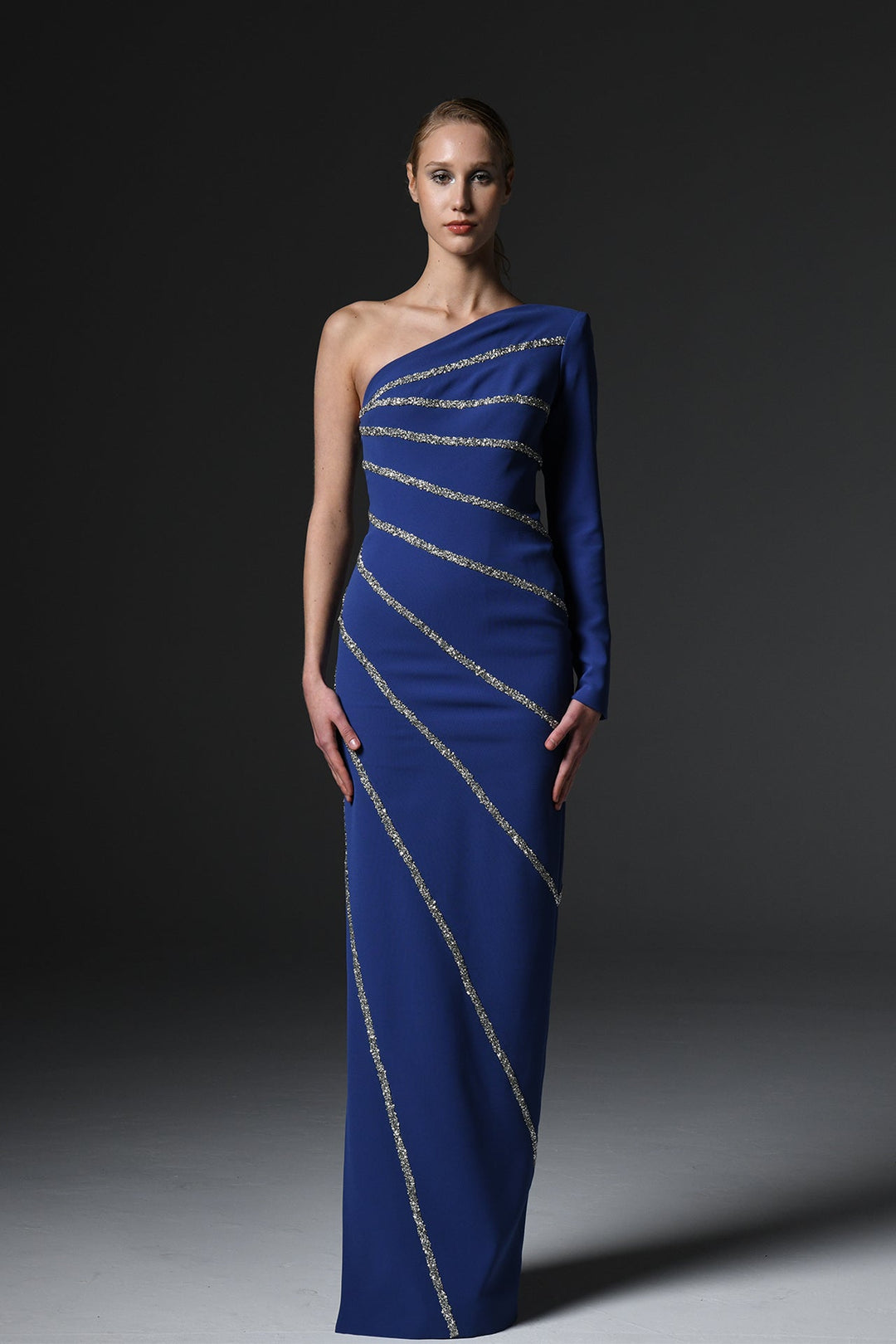Crepe Asymmetric Dress with Crystals Blue / US 8 Crepe Asymmetric Dress with Crystals Blue / US 8