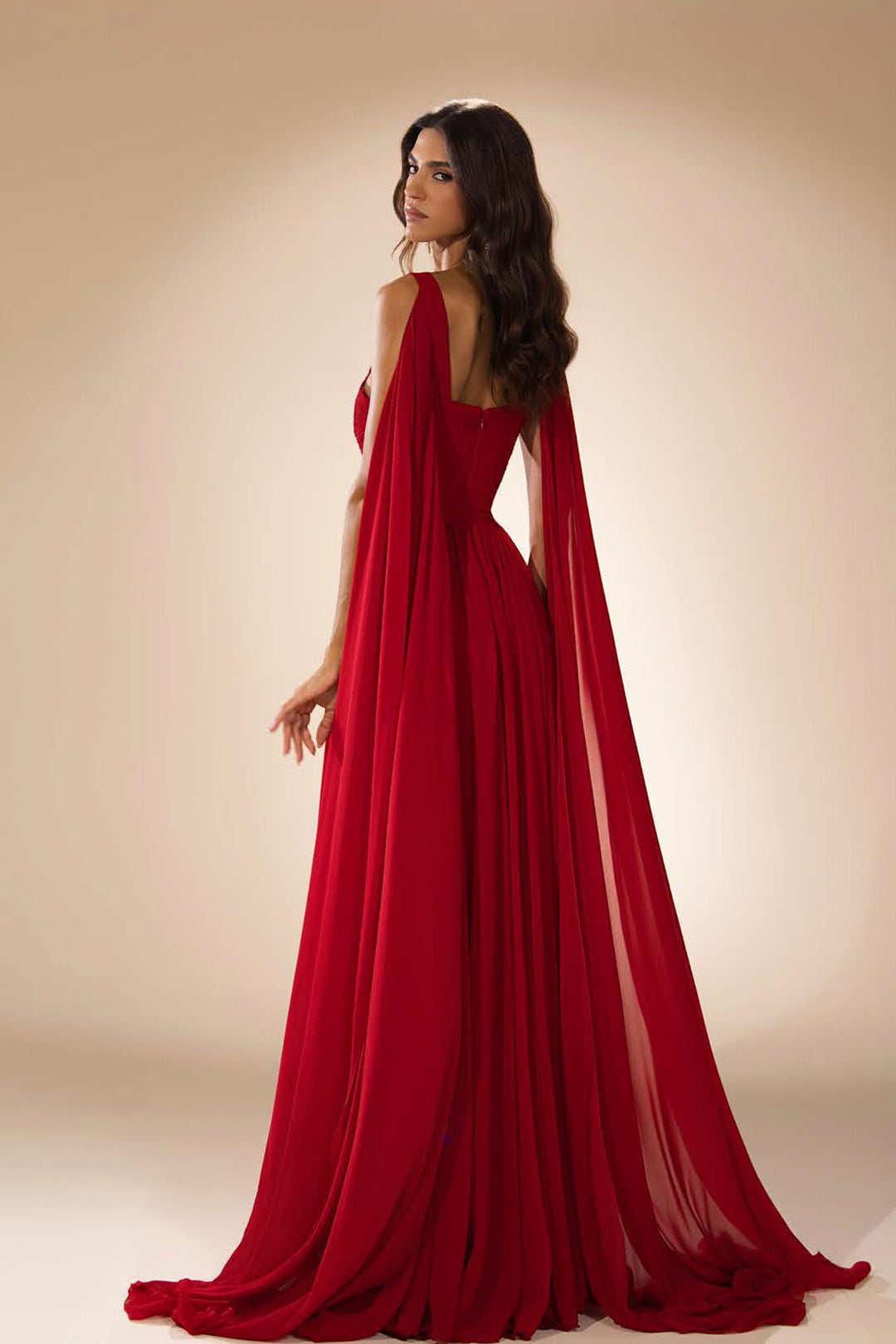 Flowing Script Skirt with High-Slit Cape Dress