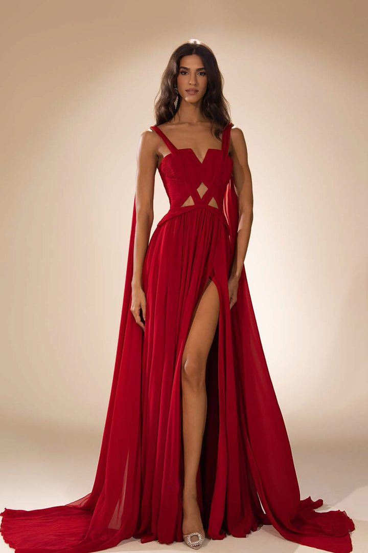 Flowing Script Skirt with High-Slit Cape Dress