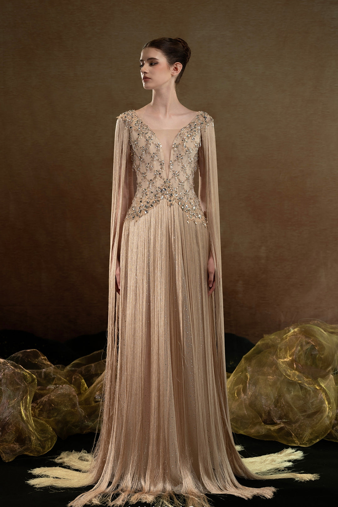 V-Neck Embellished A-Line Dress Champagne Gold / FR 38 V-Neck Embellished A-Line Dress Champagne Gold / FR 38