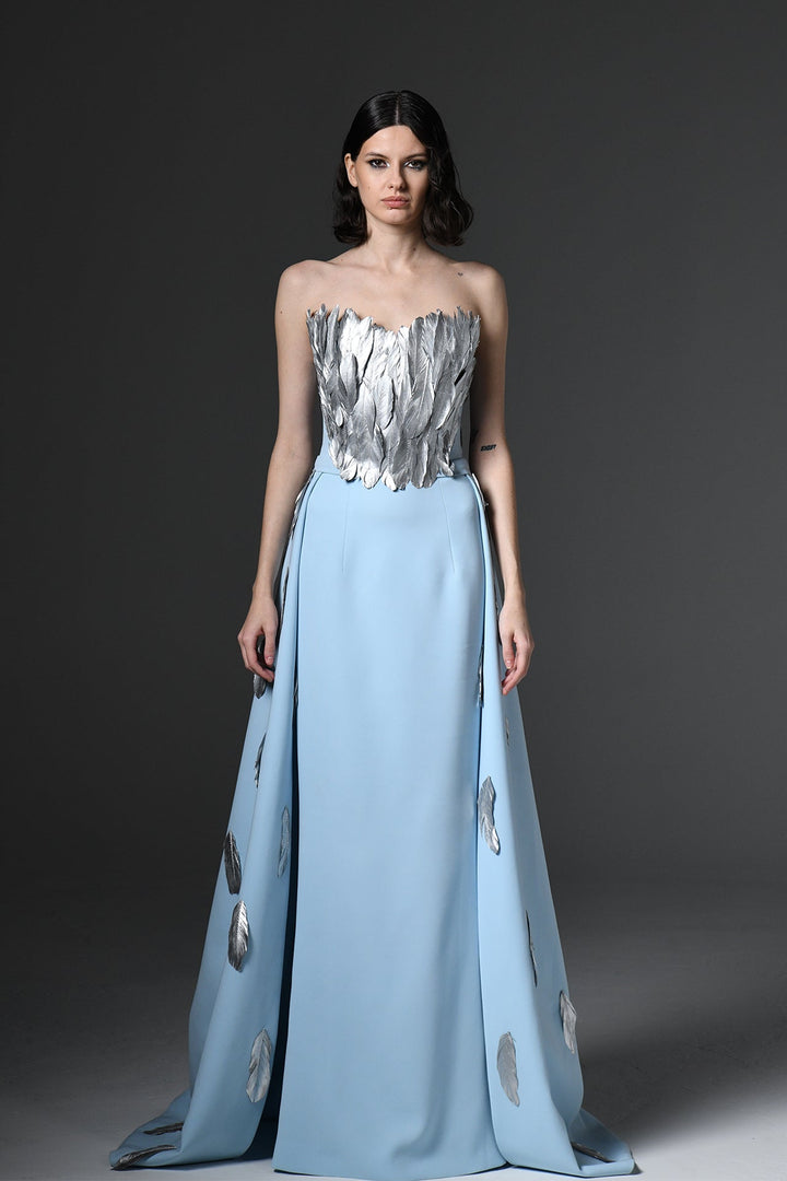 Strapless Dress with Feathered Bustier and Overskirt