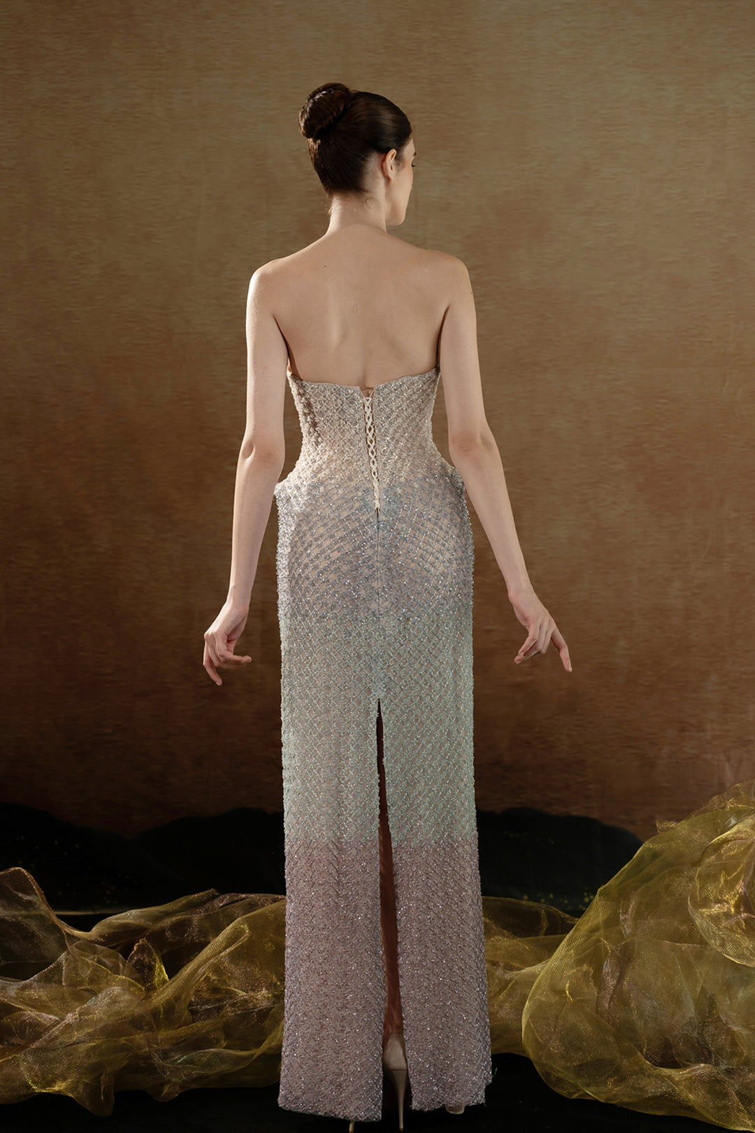 Crystal-Embellished Strapless Column Dress