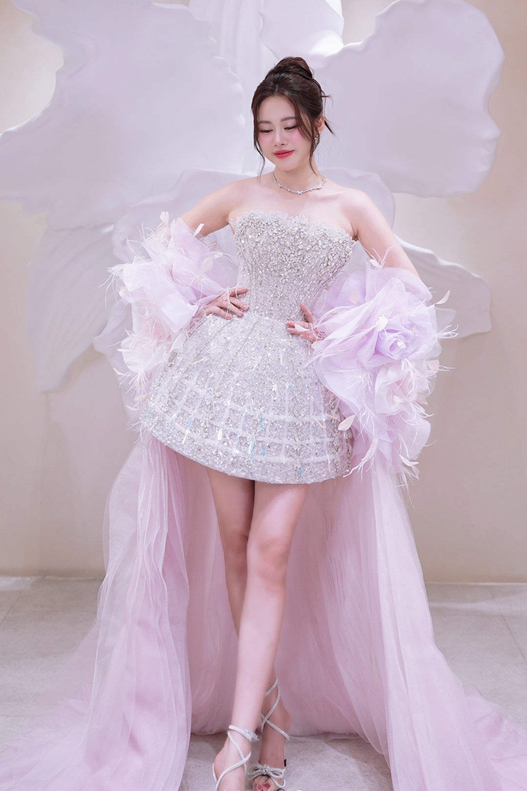Frosted-Cape Beaded Mini Dress Metallic Silver / FR 50 Frosted-Cape Beaded Mini Dress Metallic Silver / FR 50
