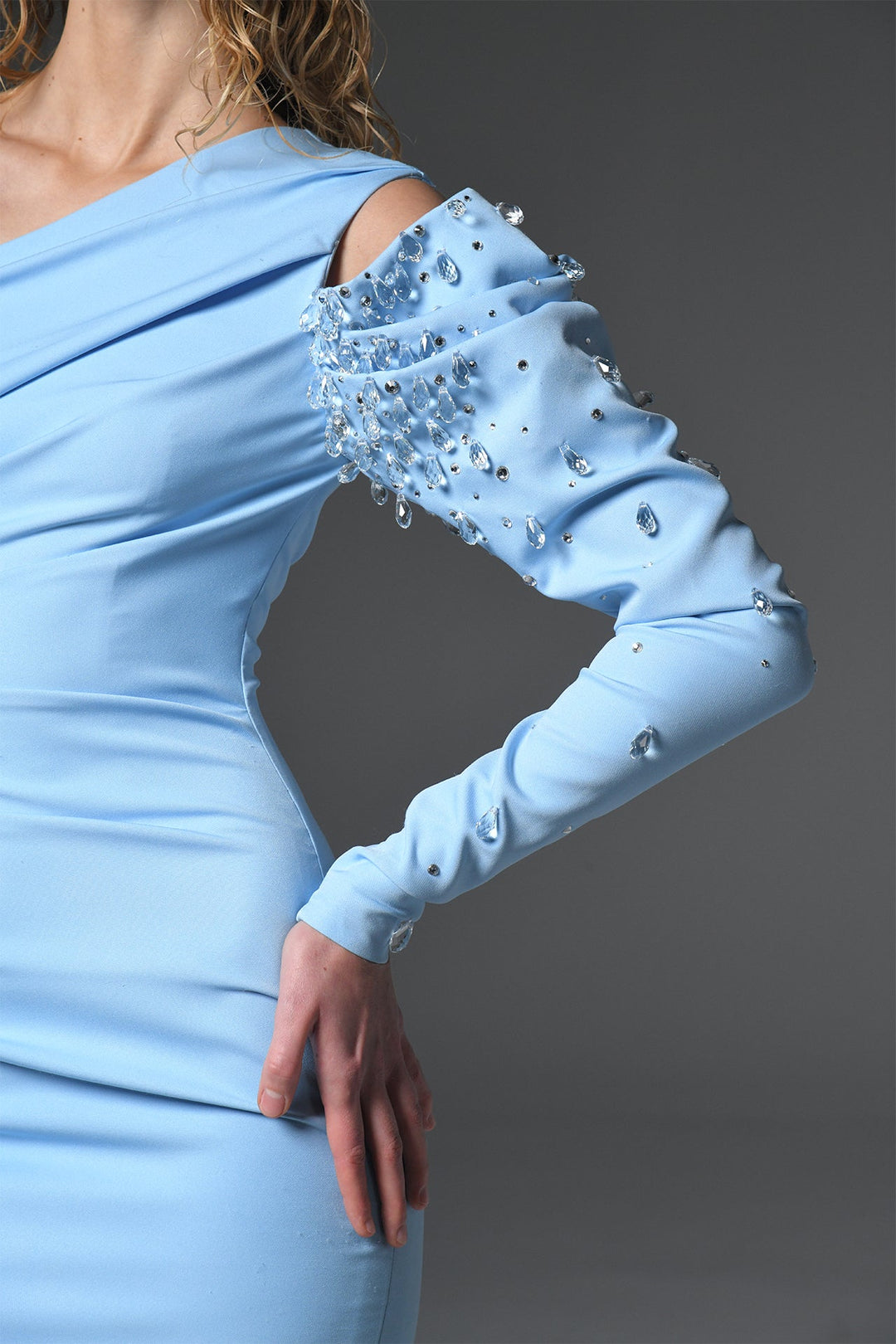 One sleeve asymmetrical neckline crepe dress Light Blue / US 10 One sleeve asymmetrical neckline crepe dress Light Blue / US 10