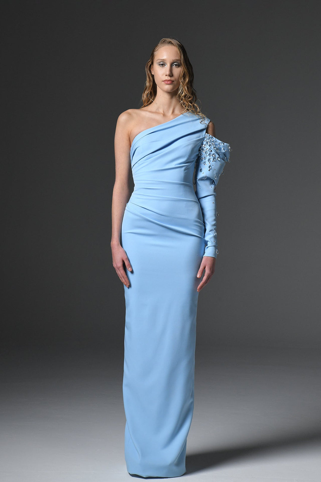 One Sleeve Asymmetrical Neckline Crepe Dress Light Blue / US 10 One Sleeve Asymmetrical Neckline Crepe Dress Light Blue / US 10