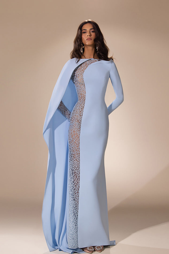 Column Dress with Cape and Midriff Sheer Detail