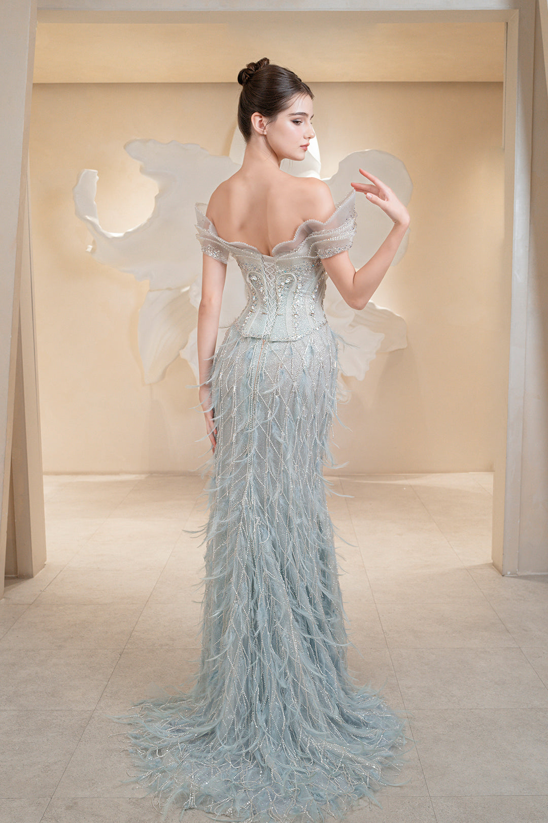 Off-the-Shoulder Feather Dress Pale Blue / FR 36 Off-the-Shoulder Feather Dress Pale Blue / FR 36