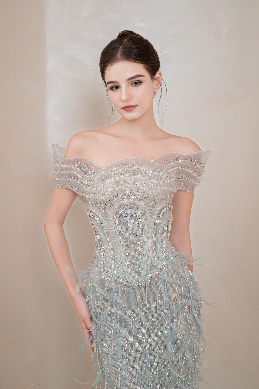 Off-the-Shoulder Feather Dress