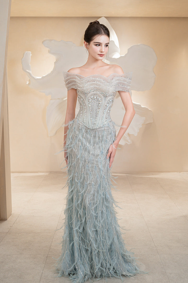 Off-the-Shoulder Feather Dress