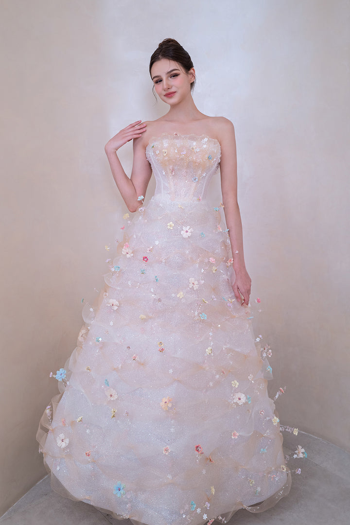 Tulle Strapless A-Line Dress with Floral Appliqués