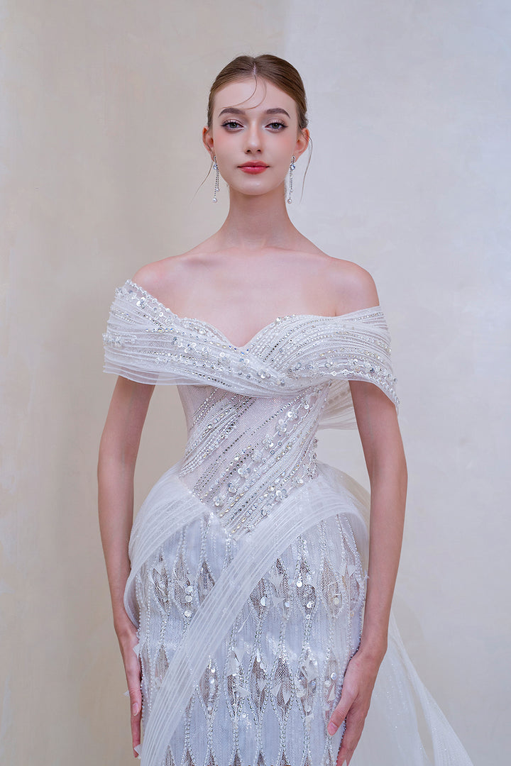 Off-The-Shoulder Column Dress with Floral Appliqués