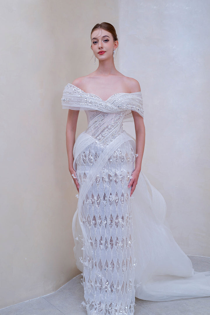 Off-The-Shoulder Column Dress with Floral Appliqués