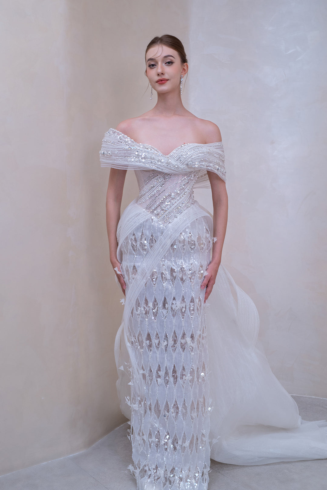 Off-The-Shoulder Column Dress with Floral Appliqués