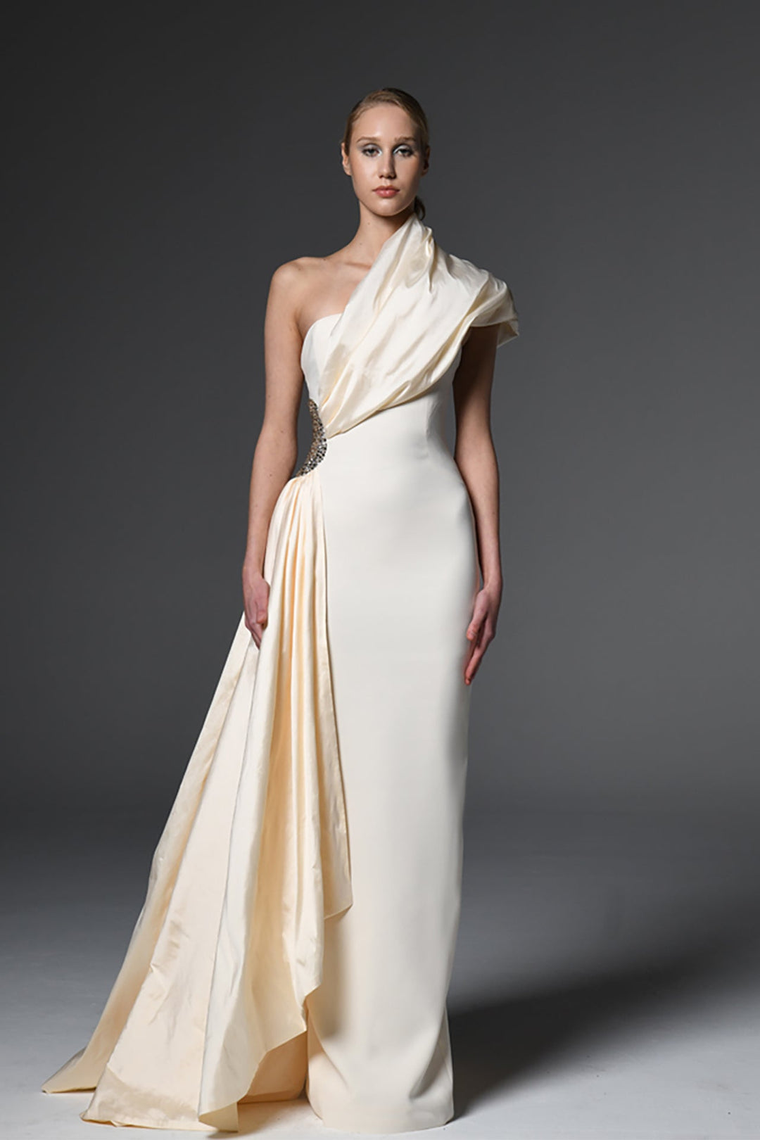 Crepe and taffeta asymmetric dress Off-White / US 0 Crepe and taffeta asymmetric dress Off-White / US 0