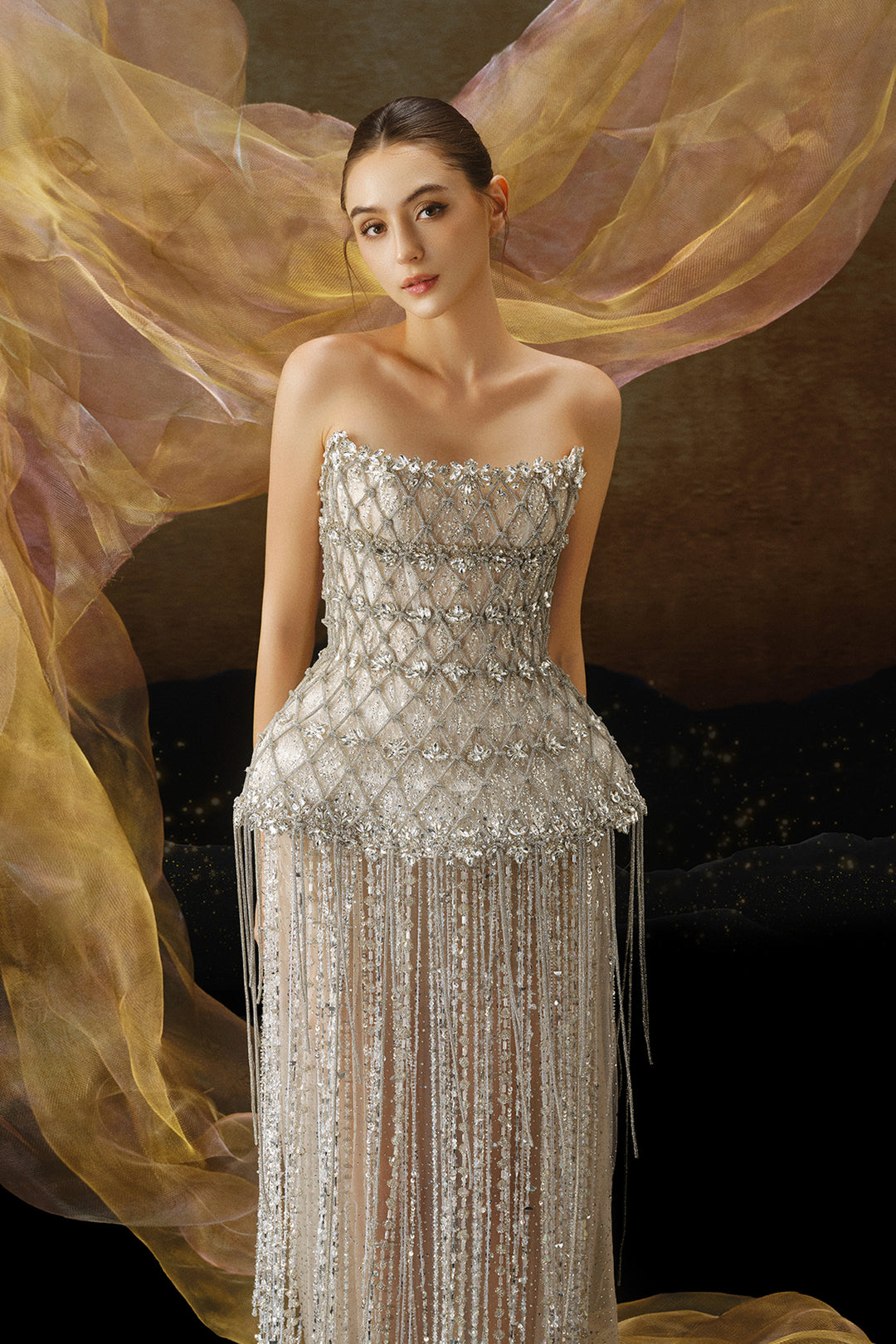 Beaded Bodice A-line Dress with Fringe Silver / FR 48