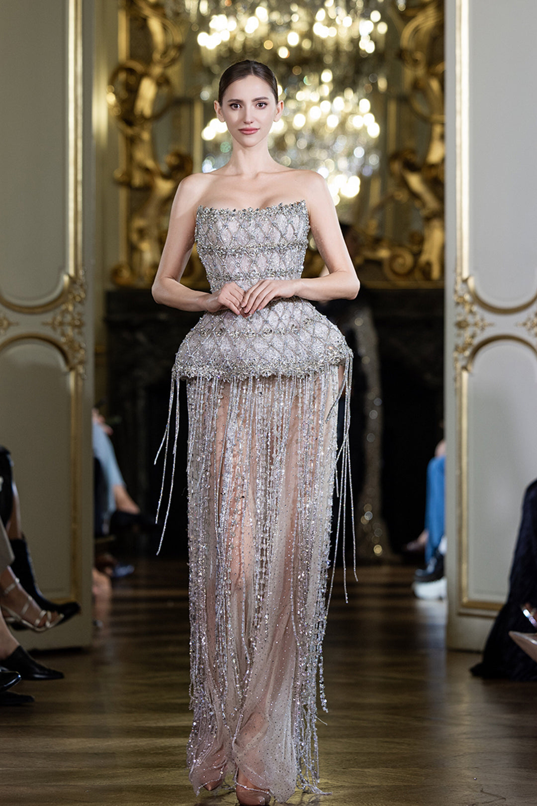 Beaded Bodice A-line Dress with Fringe Silver / FR 48 Beaded Bodice A-line Dress with Fringe Silver / FR 48