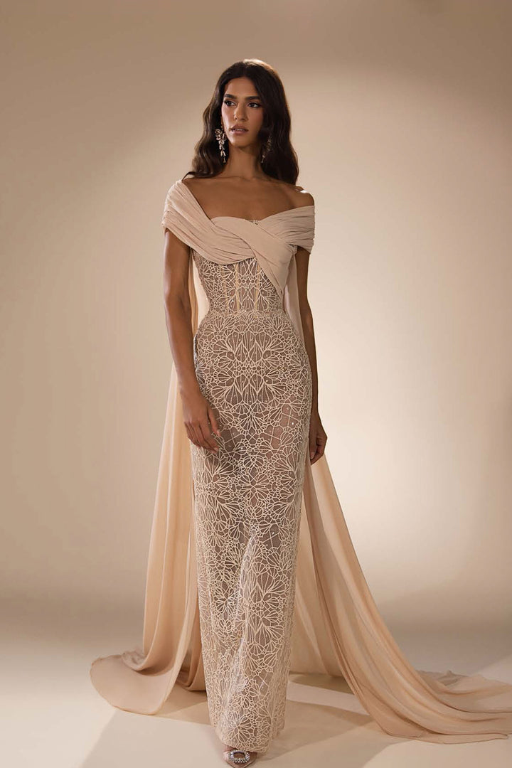 Sleek Off-The-Shoulder and Cape Back Dress