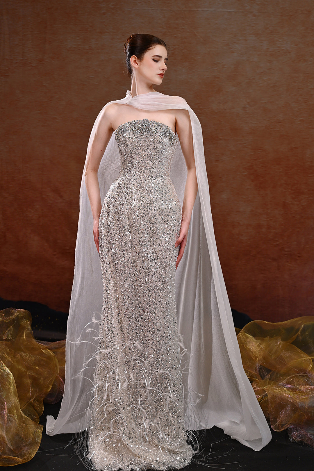 Beaded Crystal-Texture Column Dress Silver / FR 50 Beaded Crystal-Texture Column Dress Silver / FR 50