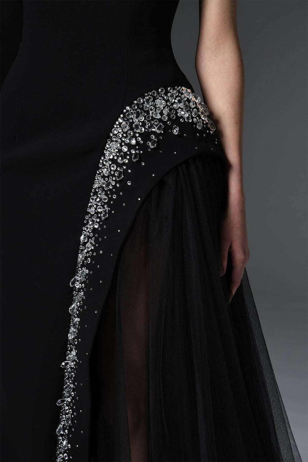 Asymmetric Dress with Embellished Tulle