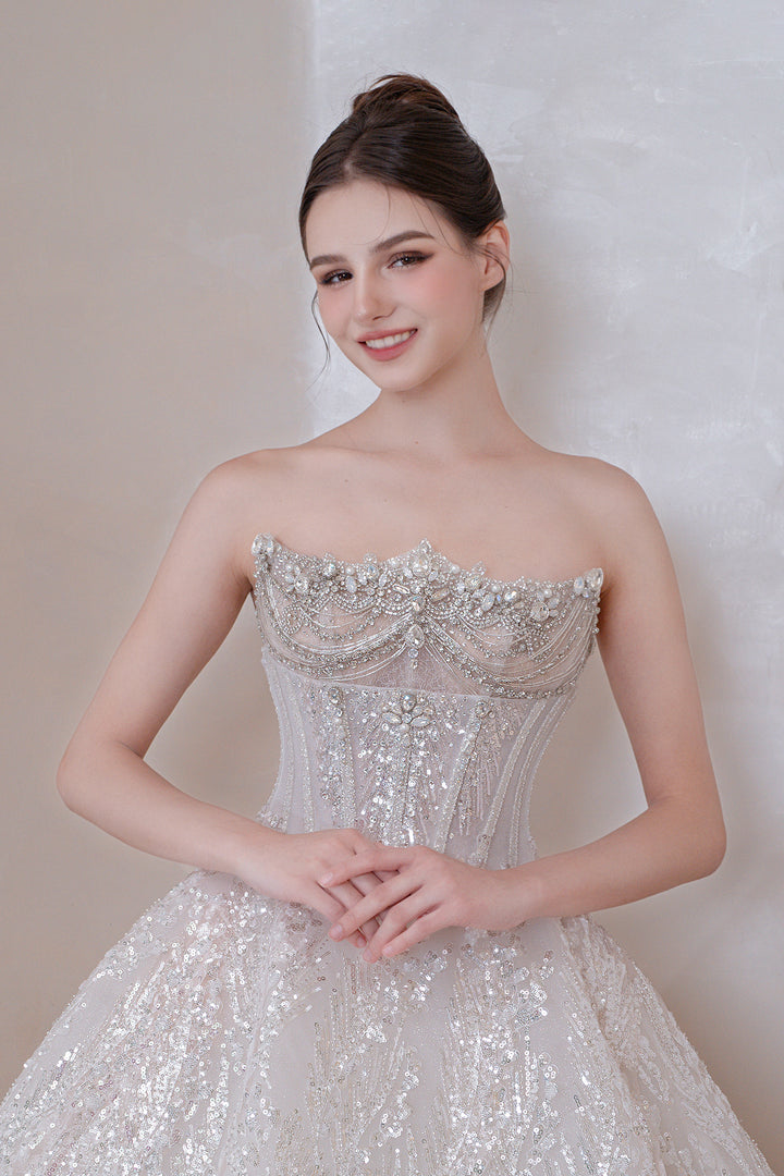 Strapless A-Line Dress with Asymmetric Crystal Embroidery