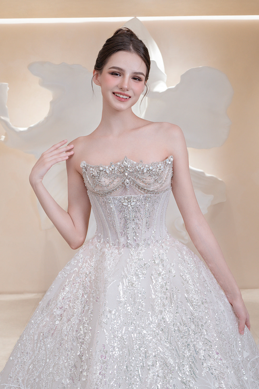 Strapless A-Line Dress with Asymmetric Crystal Embroidery