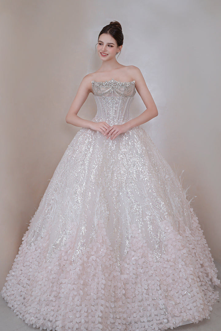 Strapless A-Line Dress with Asymmetric Crystal Embroidery