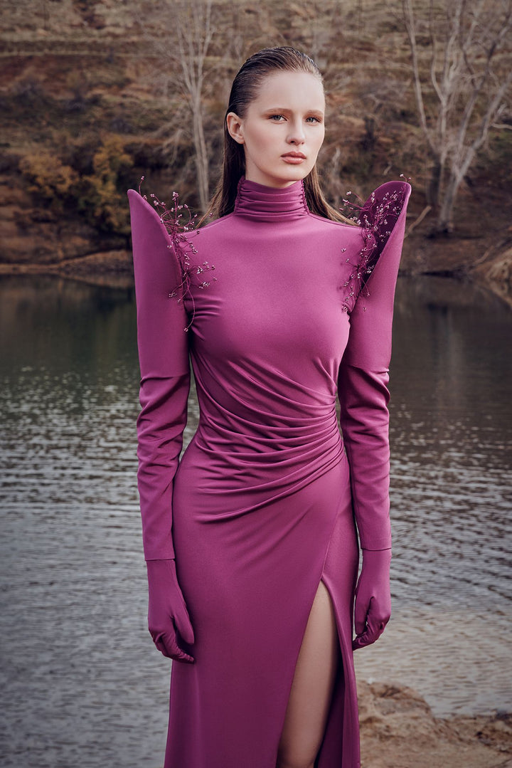 Draped Fitted Dress with Glove Sleeves