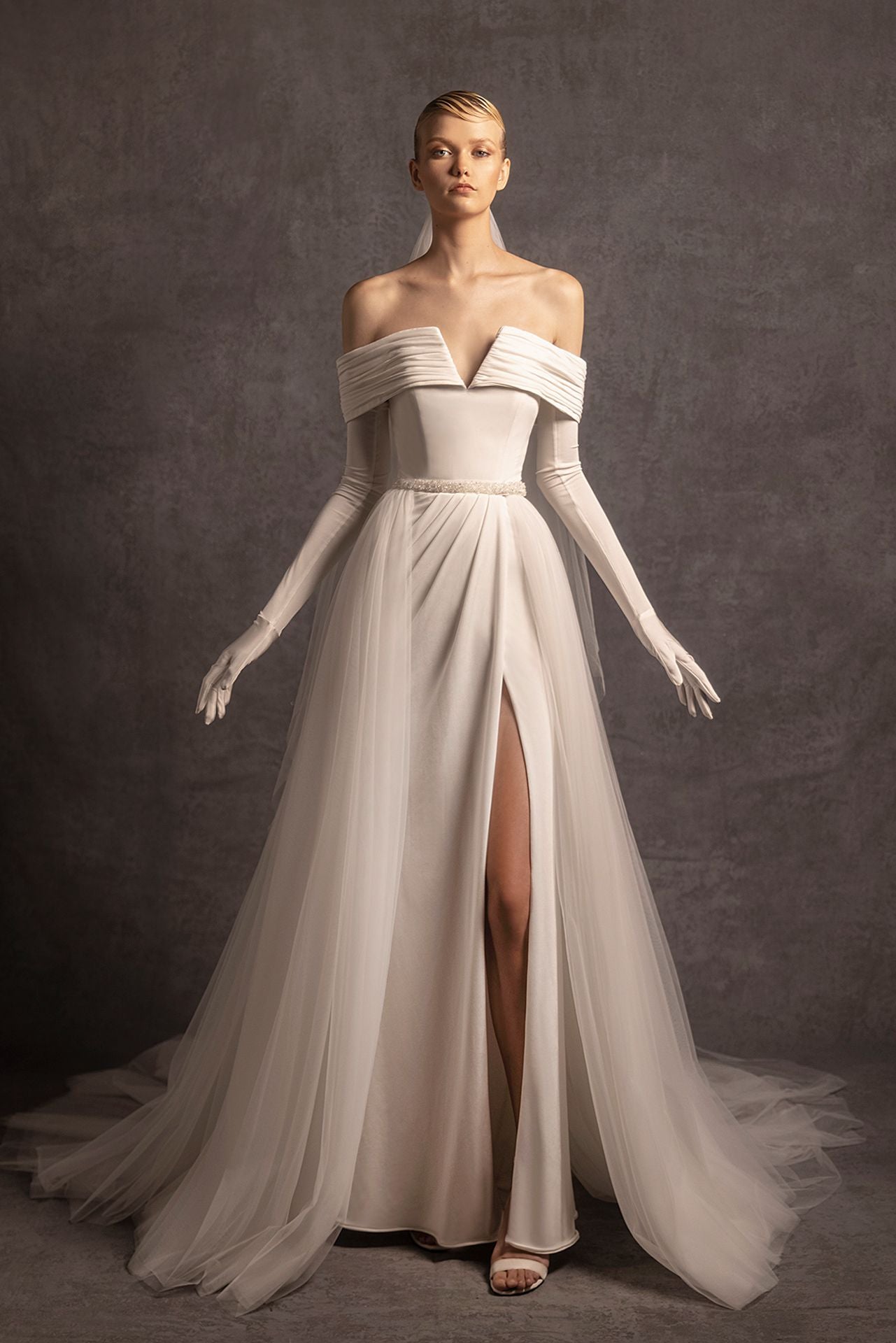 Off The Shoulder Wedding Dress with Glove Sleeves