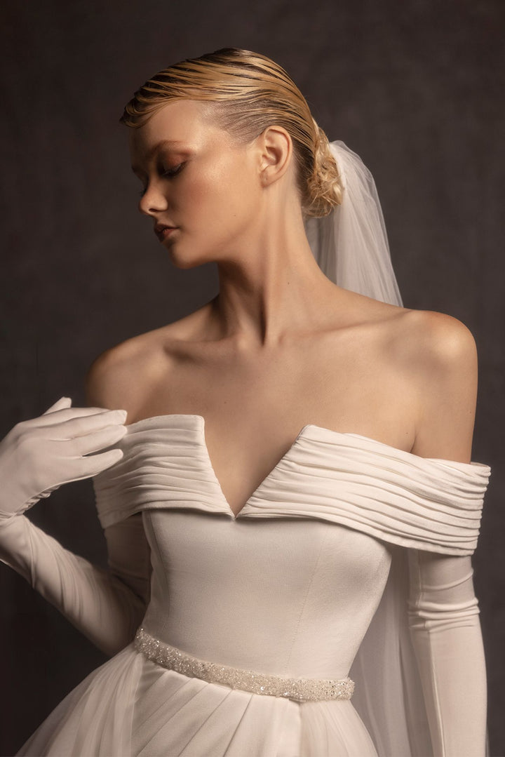 Off-The-Shoulder Wedding Dress with Glove Sleeves